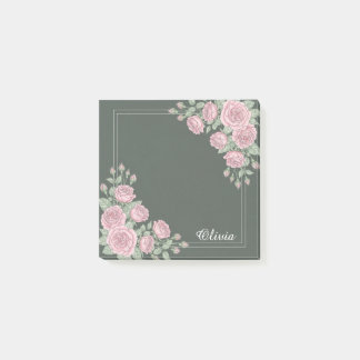 Sage Green & Pink Floral Personalized Sticky Notes