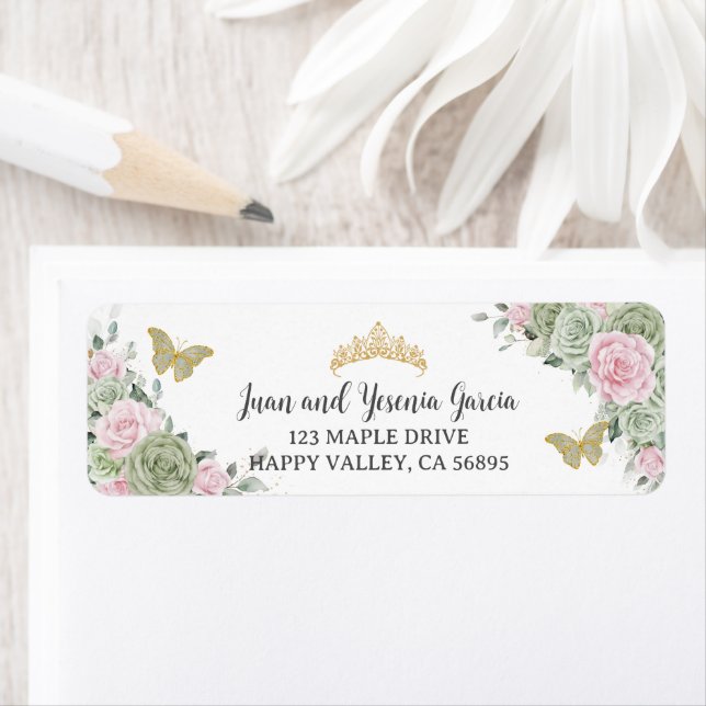 Sage Green Pink Floral Quinceanera Return Address (Insitu)