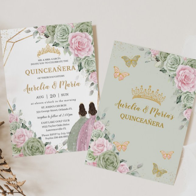 Sage Green Pink Floral Quinceañera Twins Butterfly Invitation (Creator Uploaded)