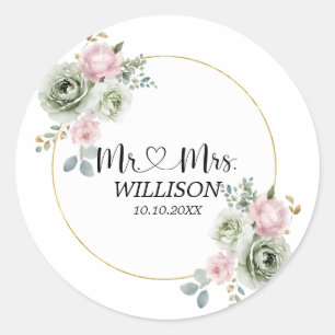 Sage Green & Pink Flowers wedding  Classic Round Sticker