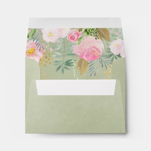 Sage Green Pink Gold Floral  Wedding Bridal Shower Envelope (Back (Bottom))