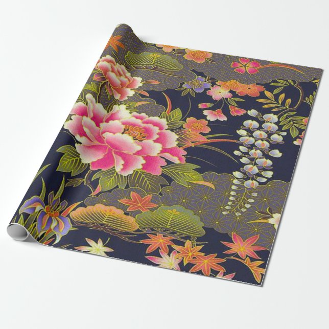Sage Green Pink Japanese Kimono Floral Decoupage  Wrapping Paper (Unrolled)