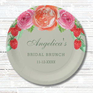 Sage Green Pink Peach Peony Bridal Brunch Paper Plate