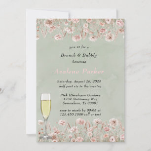 Sage Green Pink Peony Watercolor Brunch & Bubbly Invitation
