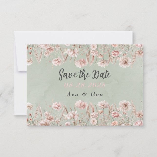 Sage Green Pink Peony Wedding Save The Date Card (Front)