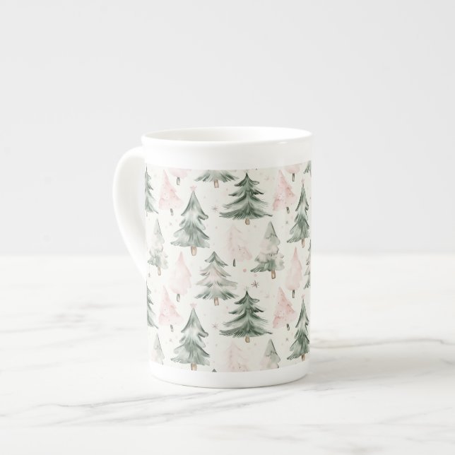 Sage Green & Pink Pine Trees Pattern  Bone China Mug (Front Left)