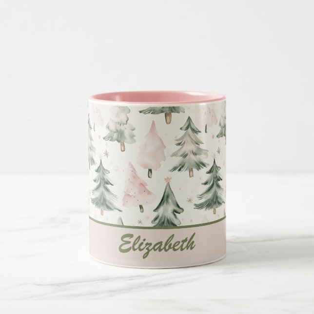 Sage Green & Pink Pine Trees Pattern  Two-Tone Coffee Mug (Center)