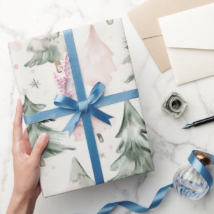 Sage Green & Pink Pine Trees Pattern  Wrapping Paper