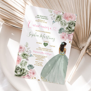 Sage Green & Pink Princess Floral Gold Quiñceanera Invitation