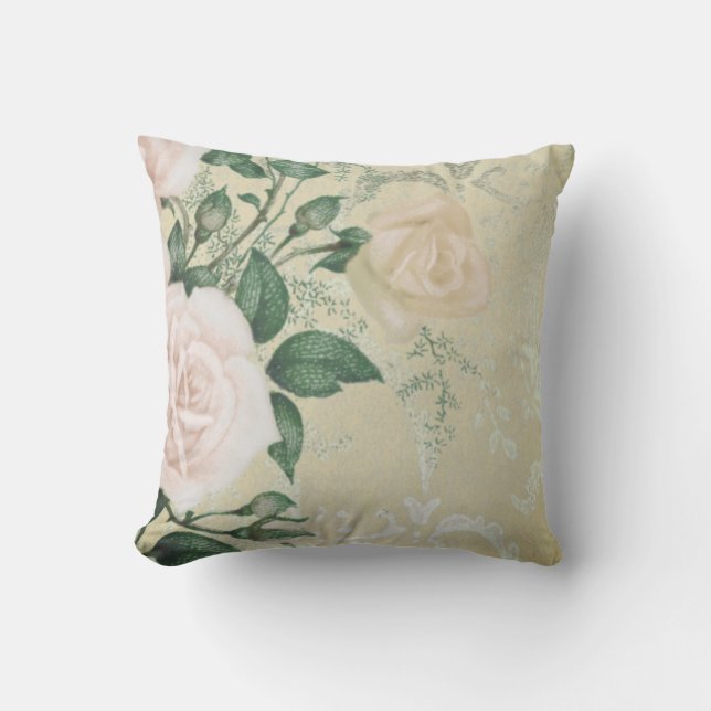 Sage Green Pink Rose Floral Vintage Cushion (Front)