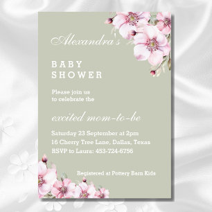 Sage Green Pink Roses Floral Baby Shower Invitation