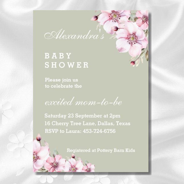 Sage Green Pink Roses Floral Baby Shower Invitation (Creator Uploaded)