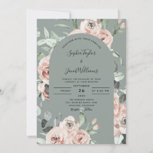 Sage Green Pink Roses Floral Eucalyptus Wedding Invitation