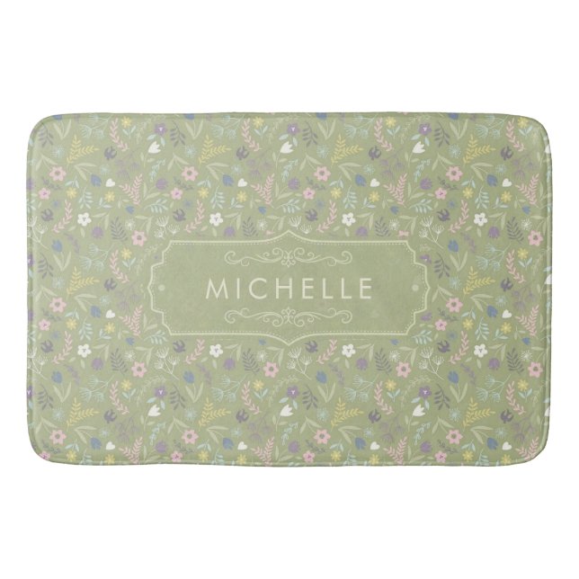Sage Green Pink White Flowers Floral Boho Pattern Bath Mat (Front)