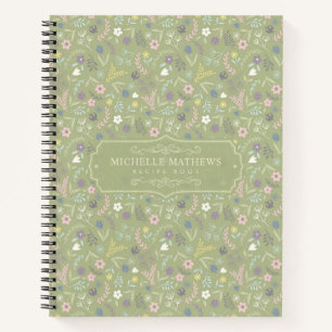 Sage Green Pink White Flowers Floral Boho Pattern Notebook