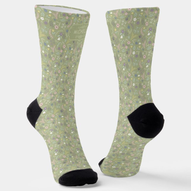 Sage Green Pink White Flowers Floral Boho Pattern Socks (Angled)