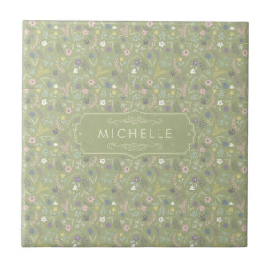 Sage Green Pink White Flowers Floral Boho Pattern Tile