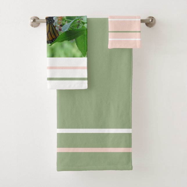 Sage Green Pink White Stripes Butterfly Bath Towel Set (Insitu)