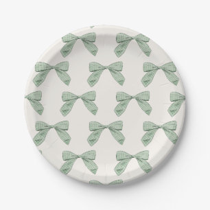 Sage Green Plaid Bow Elegant Boy Baby Shower Paper Plate