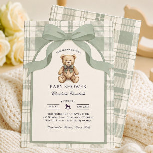 Sage Green Plaid Gingham Teddy Bear Baby Shower Invitation