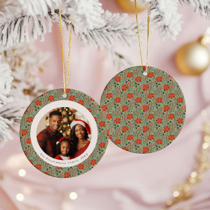 Sage Green Poinsettia 1 Family Photo Christmas Ceramic Ornament