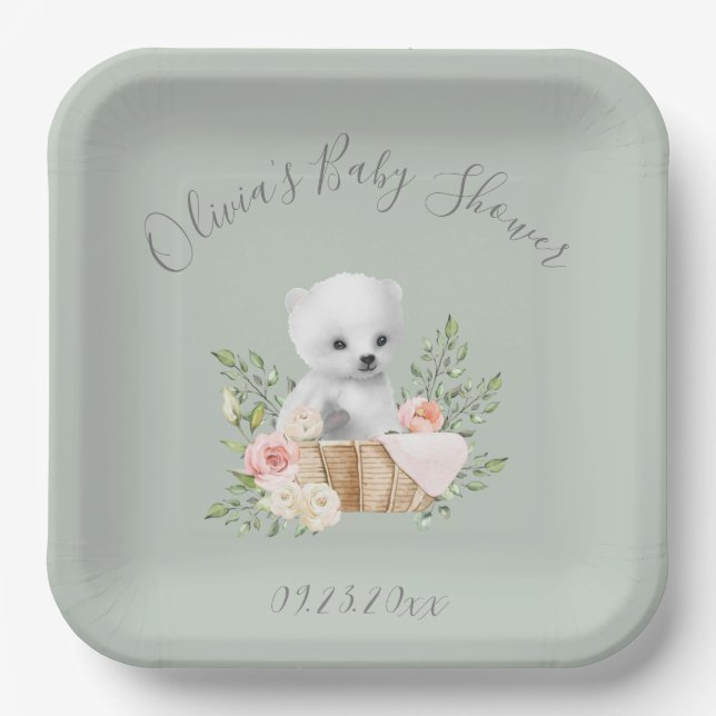 Sage Green Polar Bear Baby Shower Paper Plates (Front)