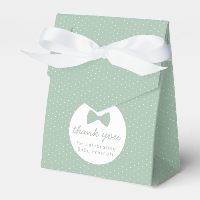 Sage green polka dot bow tie baby shower favor box (Front Side)