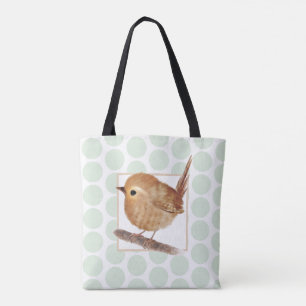 Sage Green Polkadot Puffy Wren Bird  Tote Bag