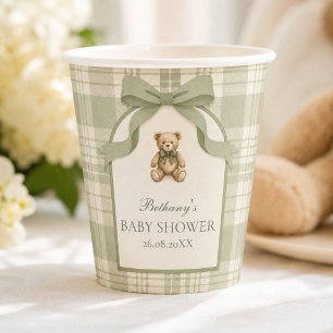 Sage Green Preppy Gingham Teddy Bear Baby Shower Paper Cups