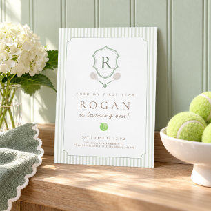Sage Green Preppy Tennis Crest 1st Birthday invite
