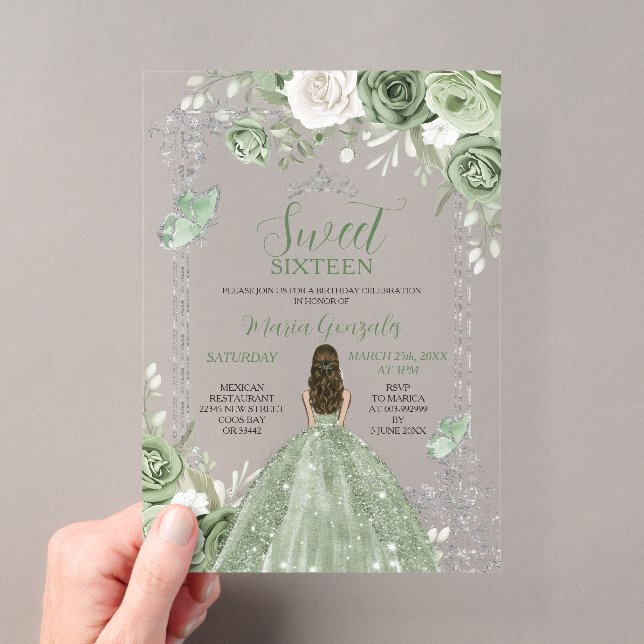 Sage Green Princess Butterfly Silver Sweet Sixteen Acrylic Invitations (Insitu (Handheld))