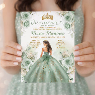 Sage Green Princess Dress Floral Gold Quinceañera Invitation