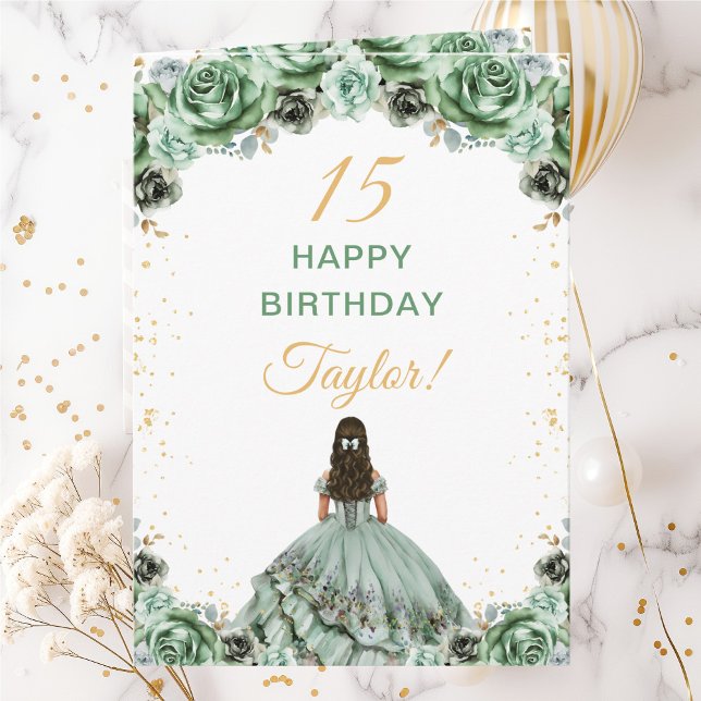 Sage Green Princess Floral Happy Birthday Card (Creator Uploaded)