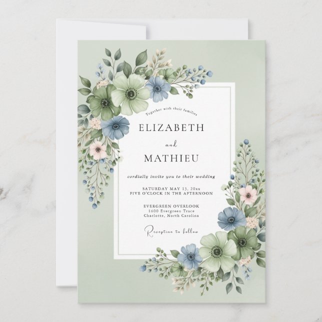 Sage Green Pristine Floral Wedding Invitation (Front)