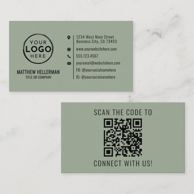 Sage Green Professional Minimalist QR Code Logo Business Card (Front/Back)