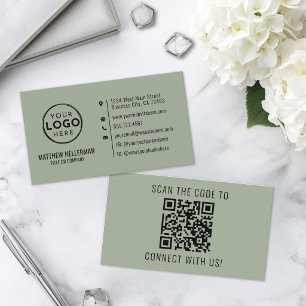 Sage Green Professional Minimalist QR Code Logo Business Card