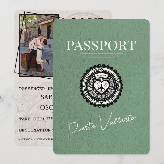Sage Green Puerta Vallarta Passport Save The Date (Front/Back)