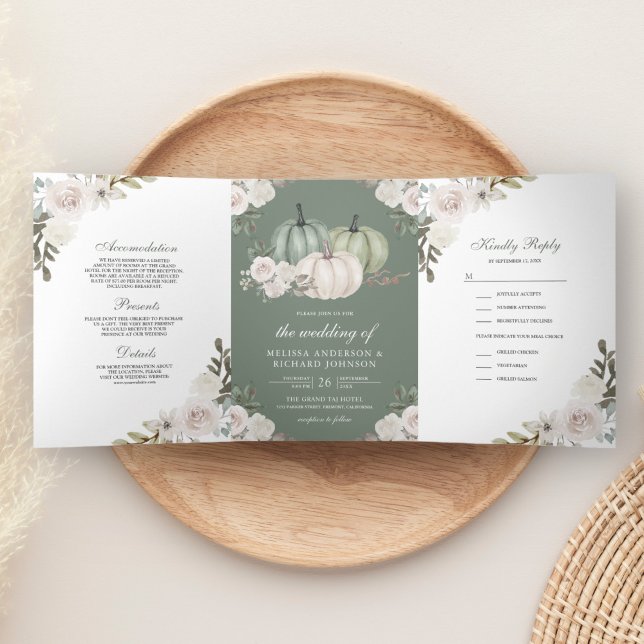 Sage Green Pumpkin and White Floral Wedding Tri-Fold Invitation (Creator Uploaded)