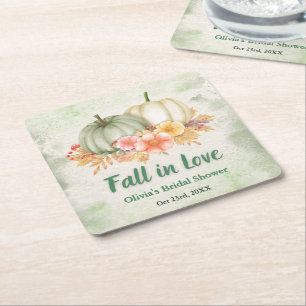 Sage Green Pumpkin Fall in Love Bridal Shower Square Paper Coaster