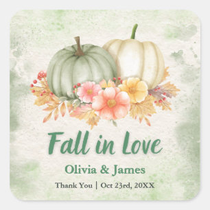 Sage Green Pumpkin Fall in Love Wedding  Square Sticker