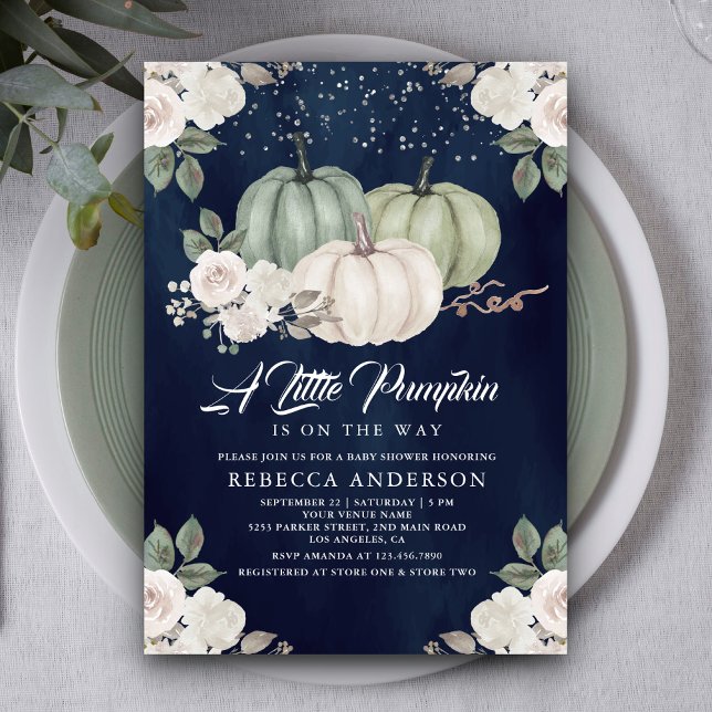 Sage Green Pumpkin Floral Fall Navy Baby Shower Invitation (Creator Uploaded)