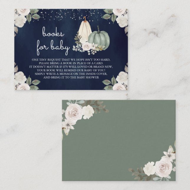 Sage Green Pumpkin Floral Fall Navy Book Request Enclosure Card (Front/Back)