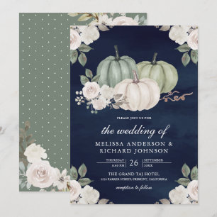 Sage Green Pumpkin Floral Navy Blue Wedding Invitation