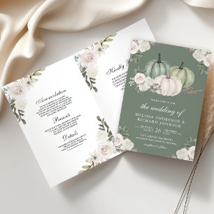 Sage Green Pumpkin White Floral QR Code Wedding Invitation
