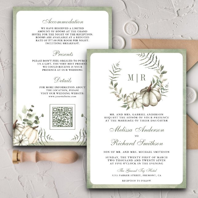 Sage Green Pumpkin Wreath QR Code Wedding Invitation (Creator Uploaded)