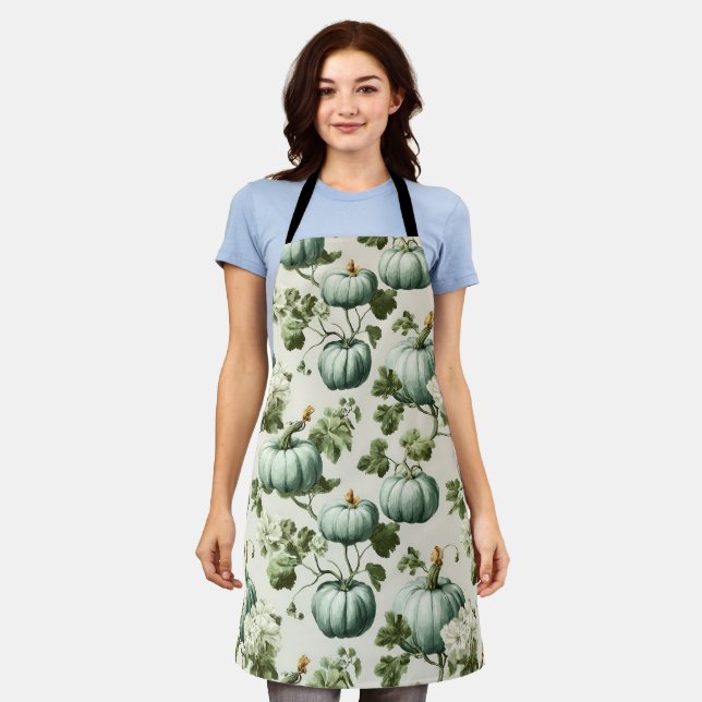 Sage Green Pumpkins & Autumn Florals Apron (Worn)