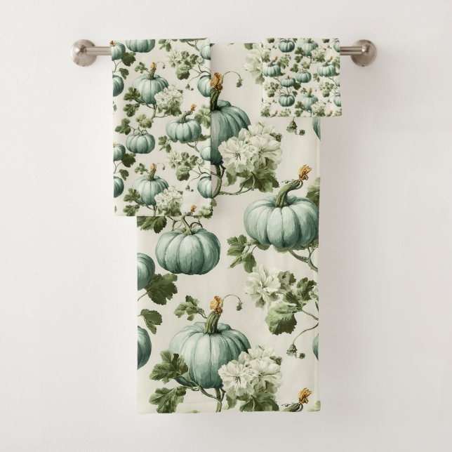 Sage Green Pumpkins & Autumn Florals Bath Towel Set (Insitu)