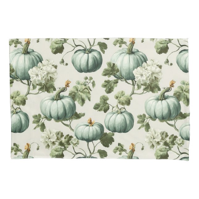 Sage Green Pumpkins & Autumn Florals Pillowcase (Front)