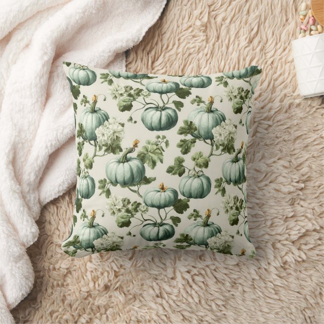 Sage Green Pumpkins & Autumn Florals Throw Pillow (Blanket)