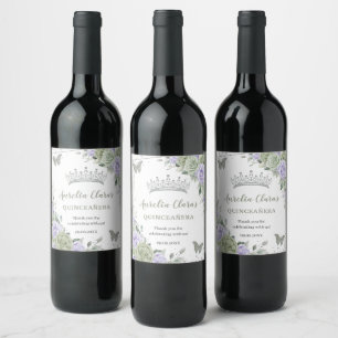 Sage Green Purple Floral Rose Quinceañera Birthday Wine Label